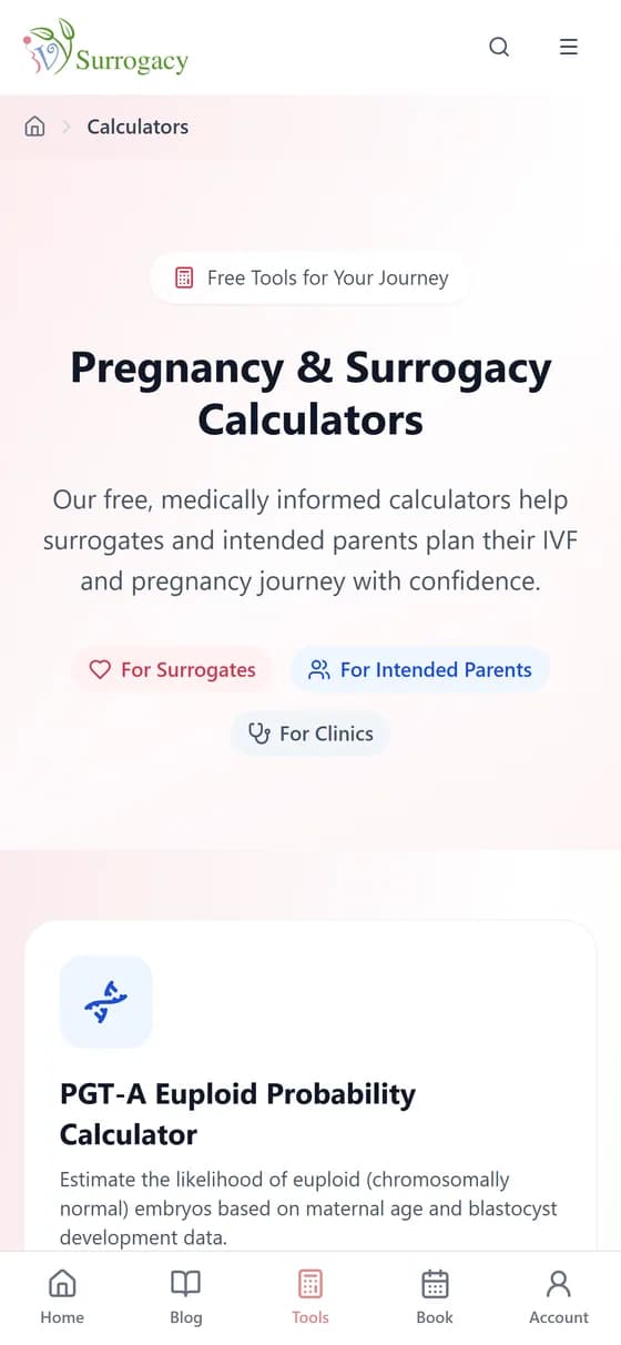 Ivy Surrogacy app calculators screen