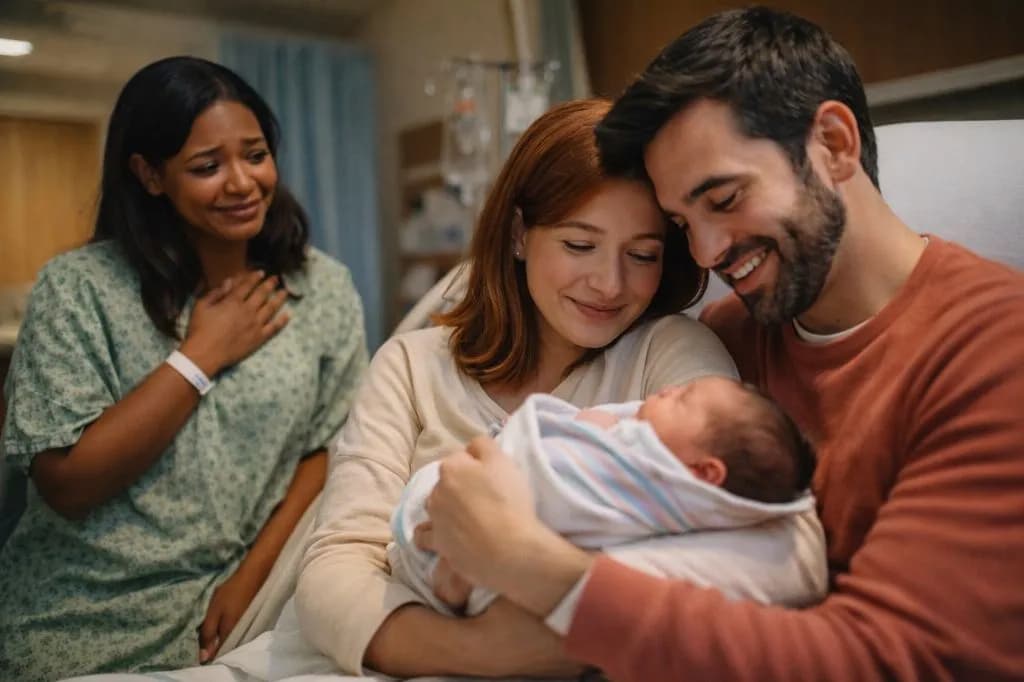 Surrogate mother and new parents with their newborn baby