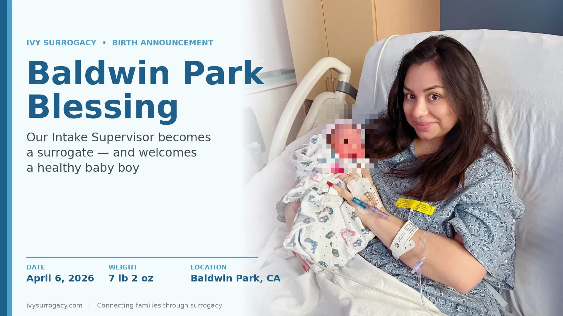 Ivy Surrogacy Intake Supervisor Aimee York holds her newborn baby boy in a Baldwin Park, California hospital on April 6, 2026. Baby's face is blurred for privacy.