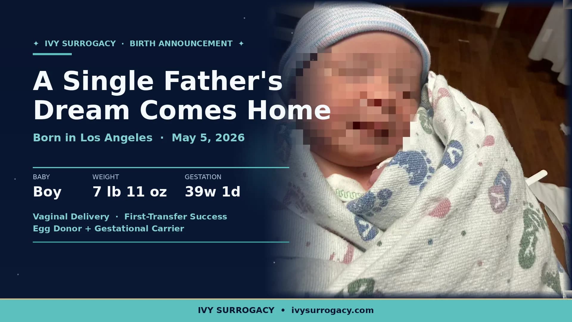 Ivy Surrogacy birth announcement featuring a sleeping newborn baby boy swaddled in a hospital blanket and wearing a striped hospital beanie, with face mosaicked for privacy. Born to a single father in Los Angeles, California on May 5, 2026 at 39 weeks 1 day, weighing 7 lbs 11 oz, via vaginal delivery — a first-transfer success with egg donor and gestational carrier both matched by Ivy Surrogacy.