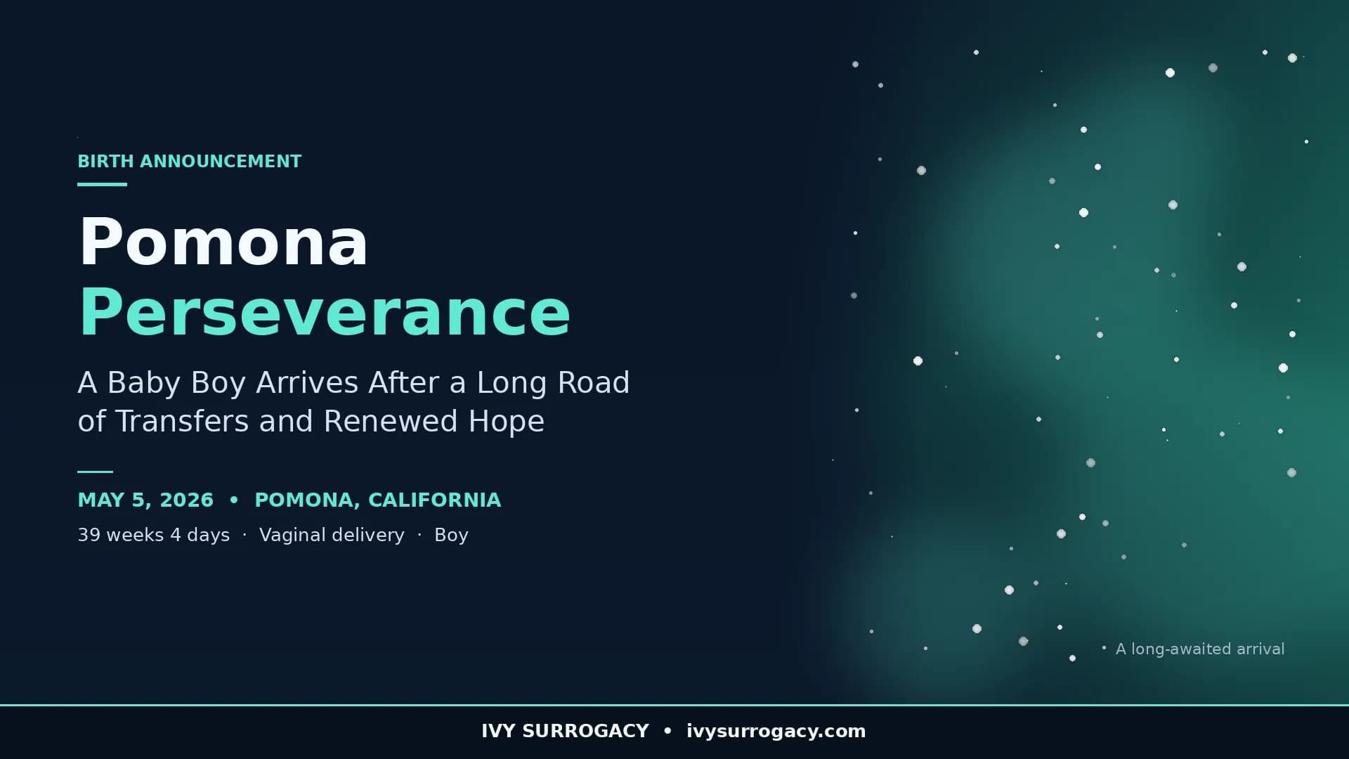 Birth announcement graphic on a deep navy background with teal accents reading "Pomona Perseverance — A Baby Boy Arrives After a Long Road of Transfers and Renewed Hope. May 5, 2026, Pomona, California. 39 weeks 4 days, vaginal delivery, boy." Footer reads "Ivy Surrogacy • ivysurrogacy.com."