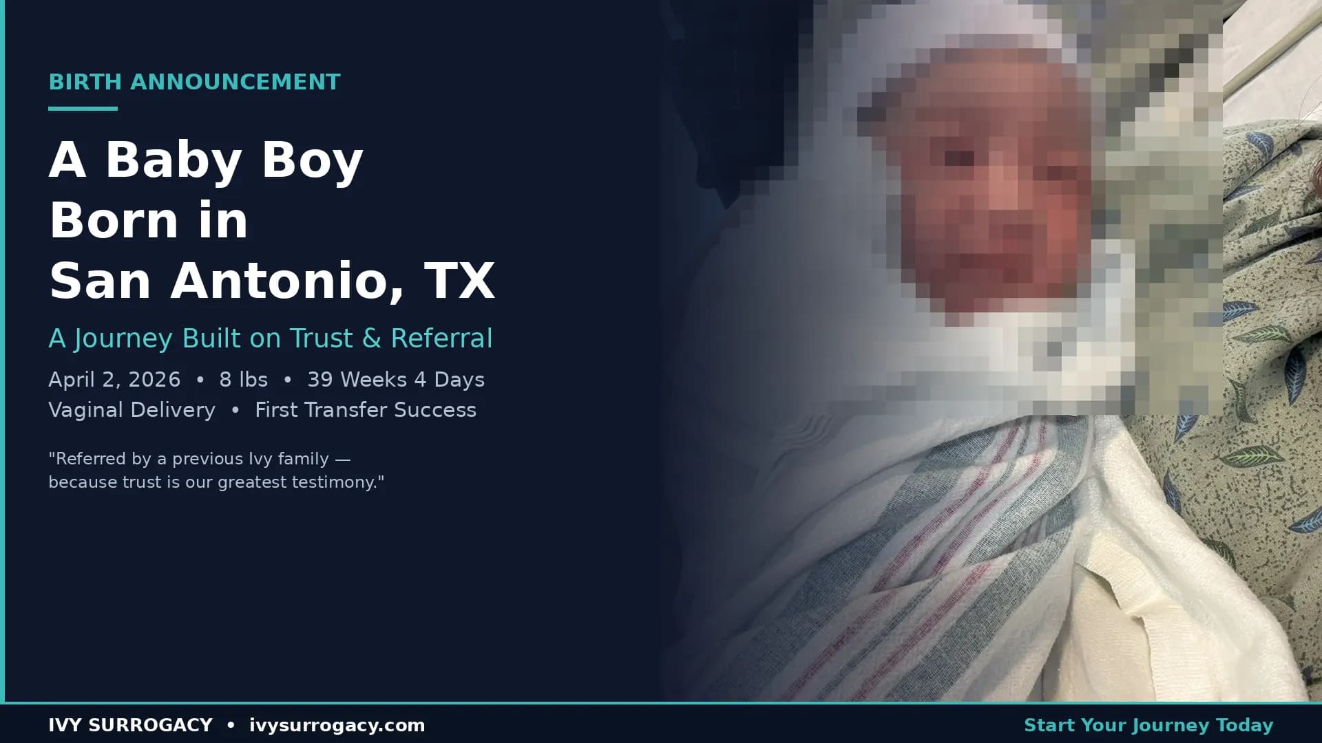 **Image Alt Text:**  Featured image for Ivy Surrogacy birth announcement: a newborn baby boy born in San Antonio, Texas, swaddled in a hospital blanket, with text overlay reading "A Baby Boy Born in San Antonio, TX — A Journey Built on Trust & Referral" on a deep navy background with teal accents.