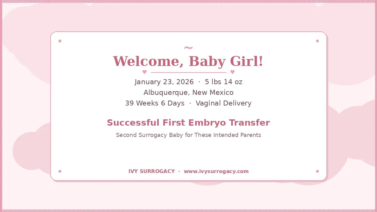 `Ivy Surrogacy birth announcement: baby girl born on January 23, 2026 in Albuquerque, New Mexico, weighing 5 lbs 14 oz at 39 weeks 6 days via vaginal delivery, successful first embryo transfer, second surrogacy baby for intended parents`