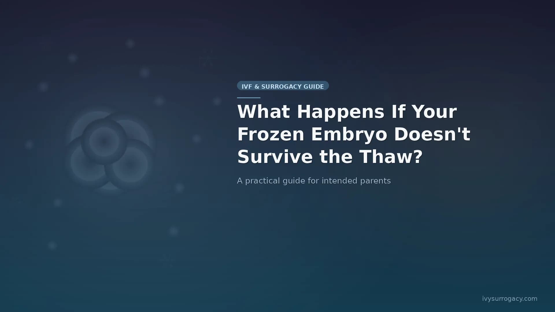 Featured image for Ivy Surrogacy blog post — What Happens If Your Frozen Embryo Doesn't Survive the Thaw? Abstract illustration of embryo cells on a deep blue background with subtle ice crystal patterns, representing cryopreservation and the frozen embryo transfer process.