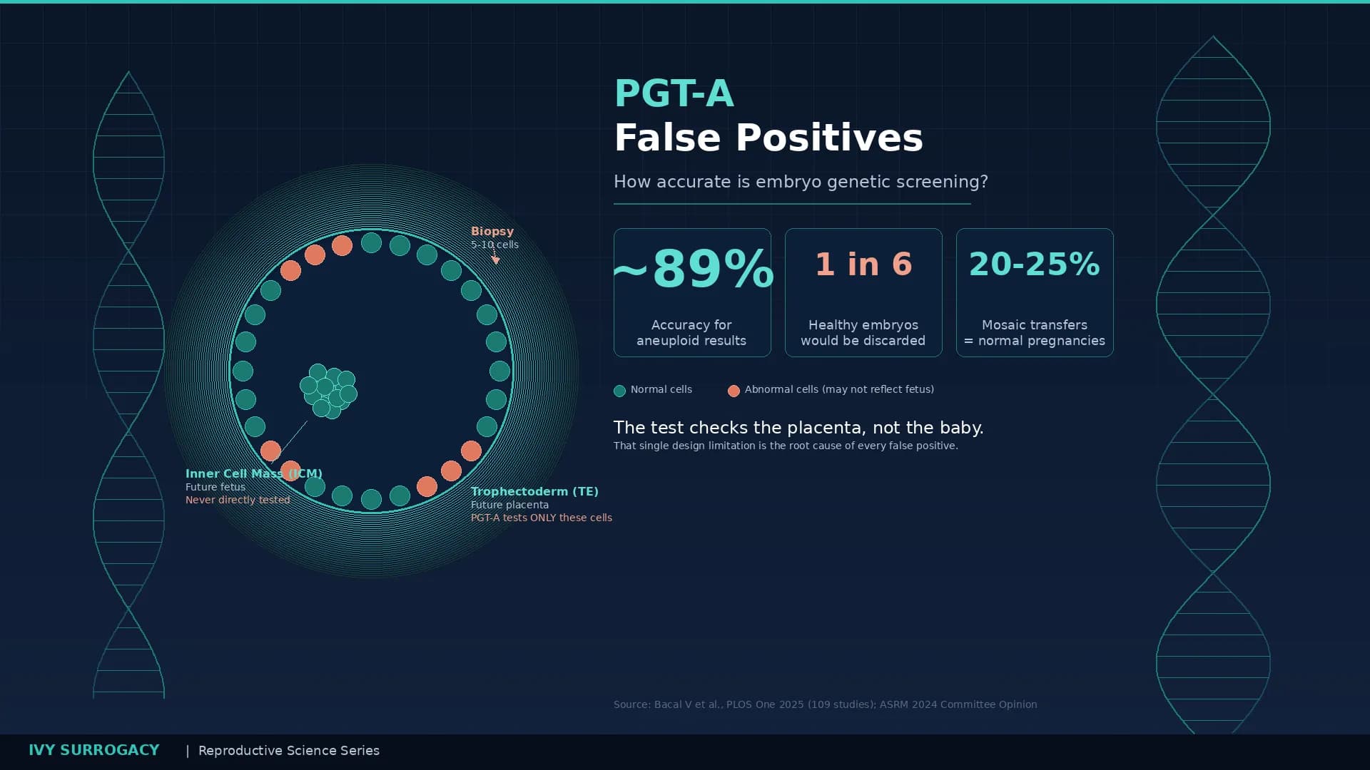 Infographic showing a blastocyst cross-section diagram illustrating how PGT-A tests only trophectoderm (placenta) cells, not the inner cell mass (fetus), with key statistics: ~89% accuracy for aneuploid results, 1 in 6 healthy embryos would be discarded, and 20-25% of mosaic transfers produce normal pregnancies.