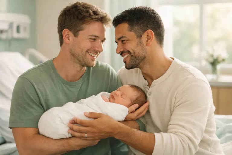 Two fathers holding their newborn baby in a hospital room, celebrating the beginning of their family through surrogacy