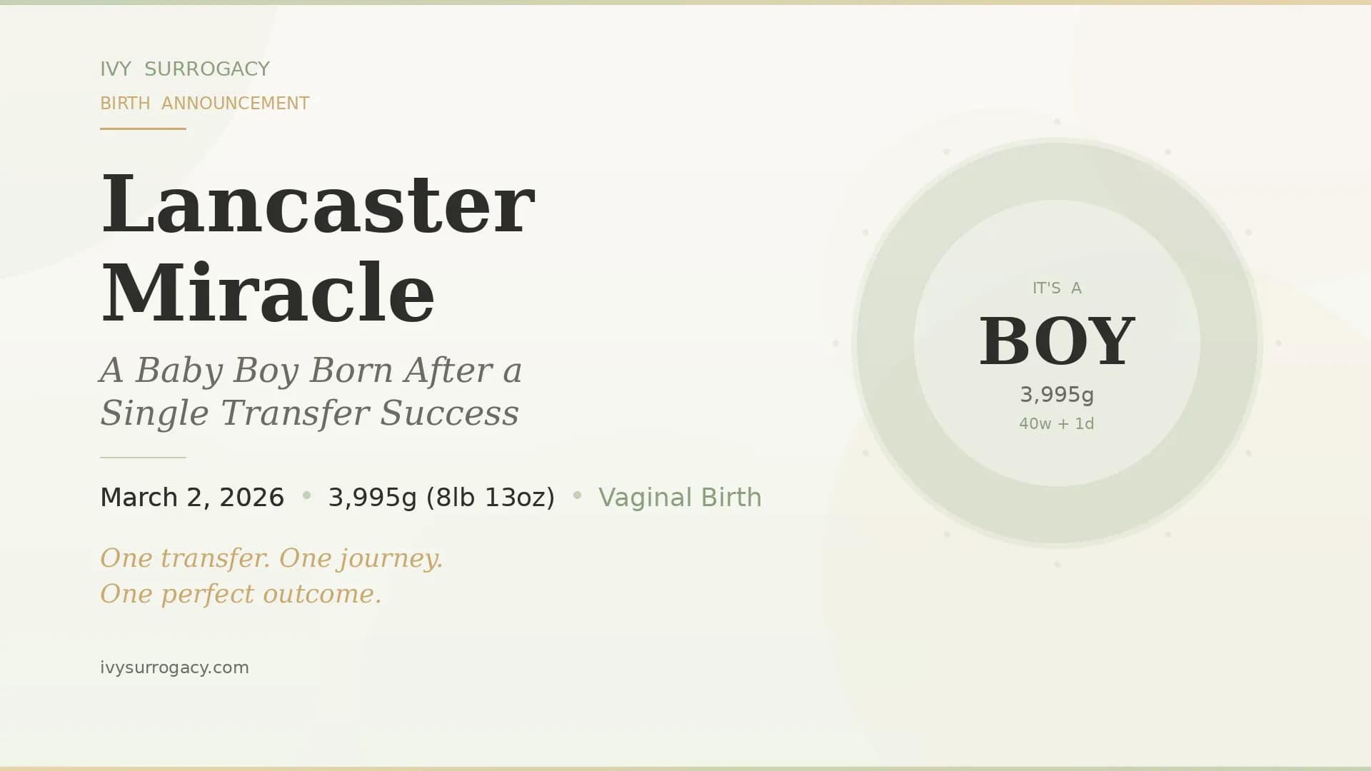 Ivy Surrogacy birth announcement — baby boy born in Lancaster, California on March 2, 2026, weighing 3,995g after a single embryo transfer success