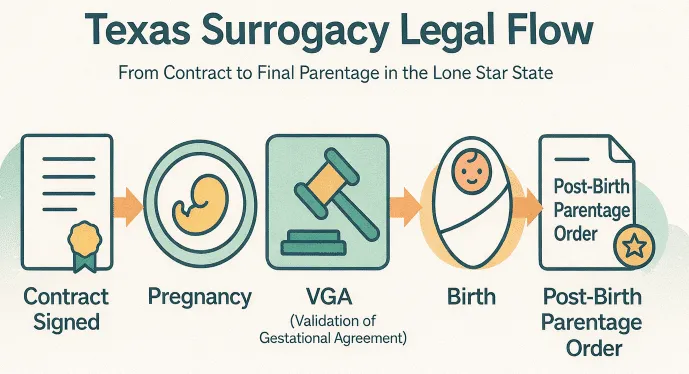 Texas Surrogacy Legal Flow infographic showing the step-by-step process for gestational surrogacy in Texas: Contract Signed → Pregnancy → Validation of Gestational Agreement (VGA) → Birth → Post-Birth Parentage Order; a visual overview illustrating how Texas surrogacy laws establish parentage for Intended Parents.