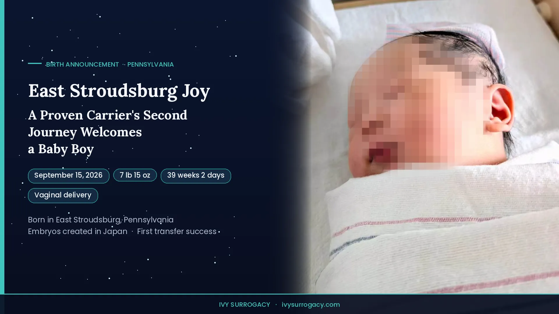Newborn baby boy born via gestational surrogacy in East Stroudsburg, Pennsylvania on September 15, 2026, weighing 7 lb 15 oz
