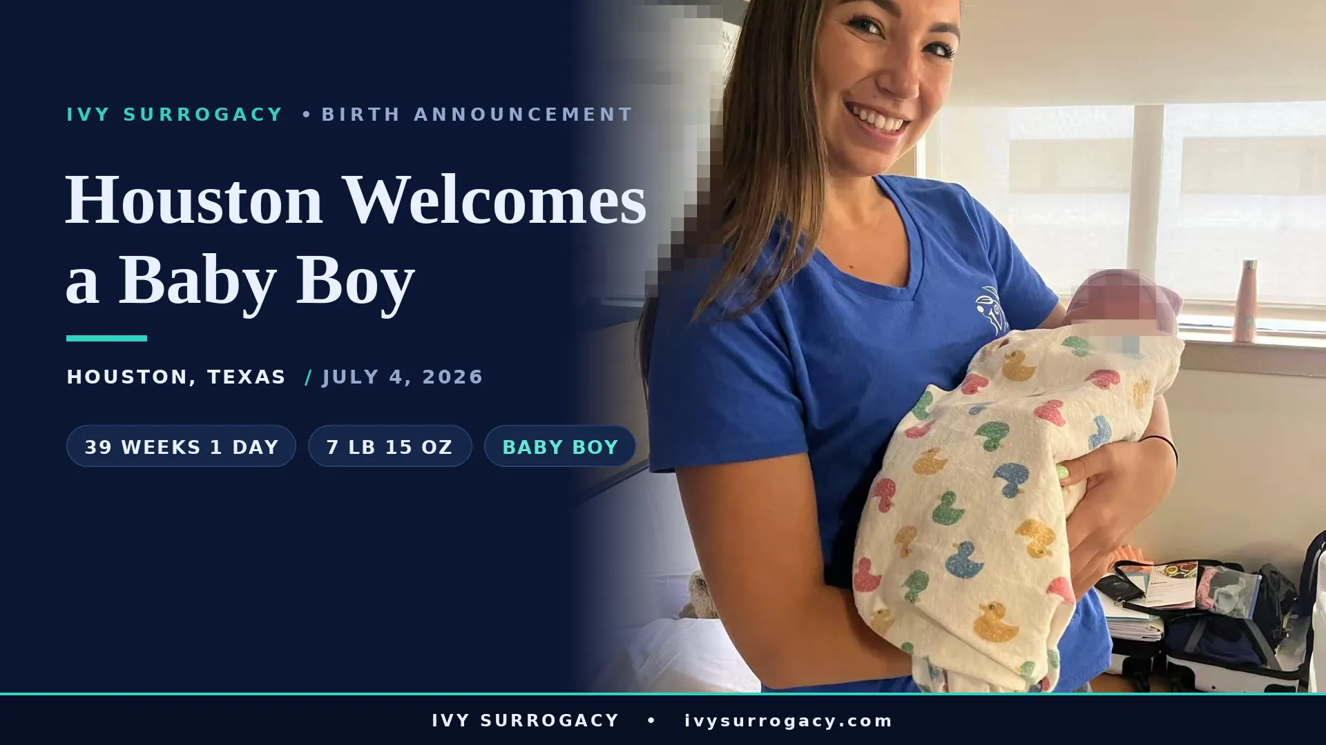 An Ivy Surrogacy case manager smiles while holding a newborn baby boy swaddled in a soft duck-print blanket in a Houston hospital room.