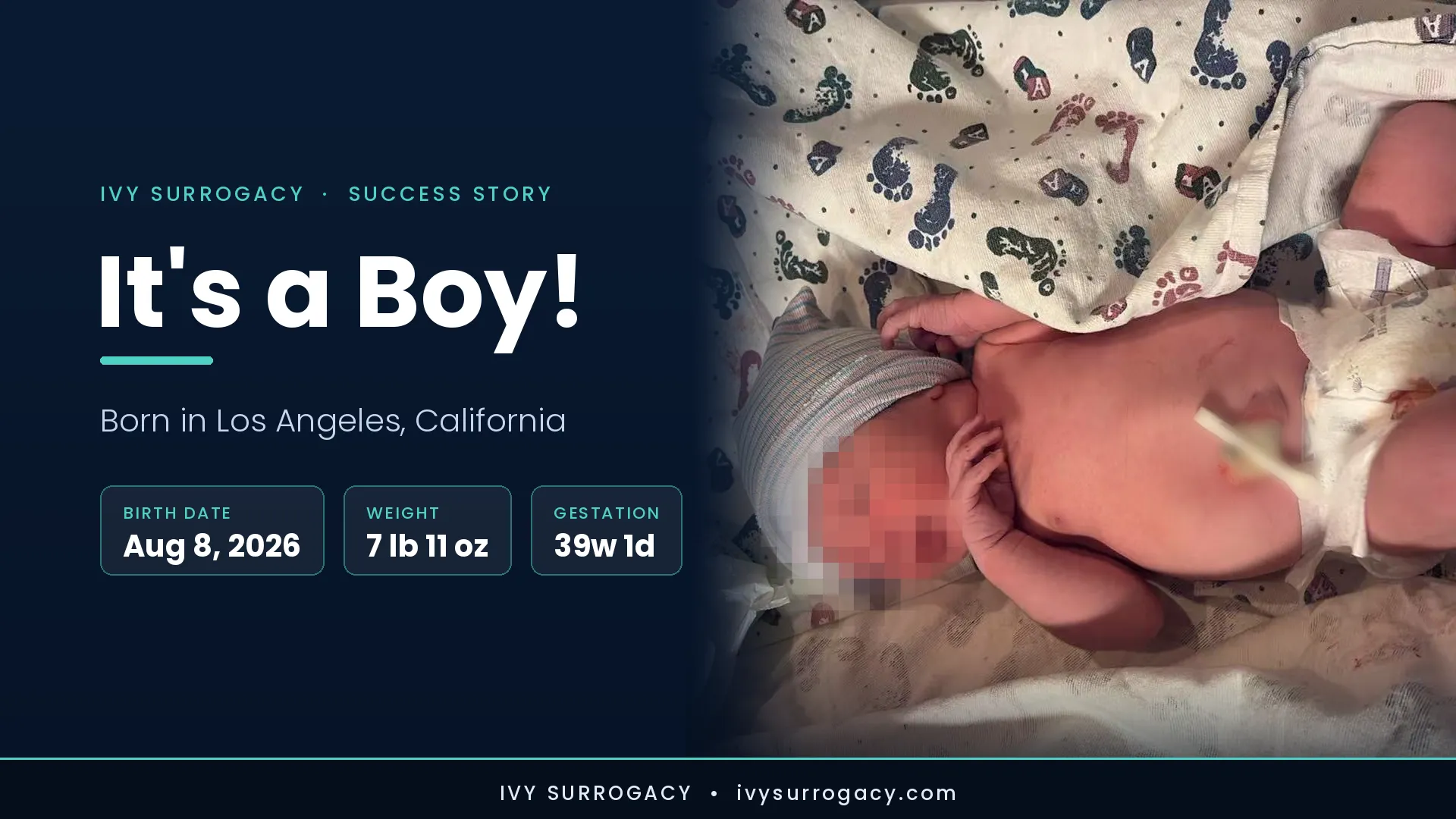 Newborn baby boy in a hospital bassinet, face obscured for privacy, born in Los Angeles, California on August 8, 2026