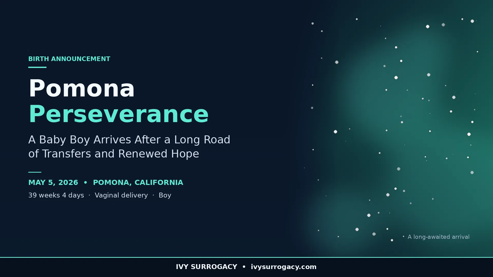 Birth announcement graphic on a deep navy background with teal accents reading "Pomona Perseverance — A Baby Boy Arrives After a Long Road of Transfers and Renewed Hope. May 5, 2026, Pomona, California. 39 weeks 4 days, vaginal delivery, boy." Footer reads "Ivy Surrogacy • ivysurrogacy.com."