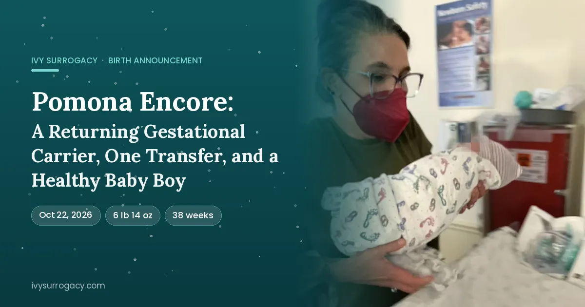 Ivy Surrogacy case manager holding a newborn baby boy in a patterned swaddle, born via gestational surrogacy in Pomona, CA