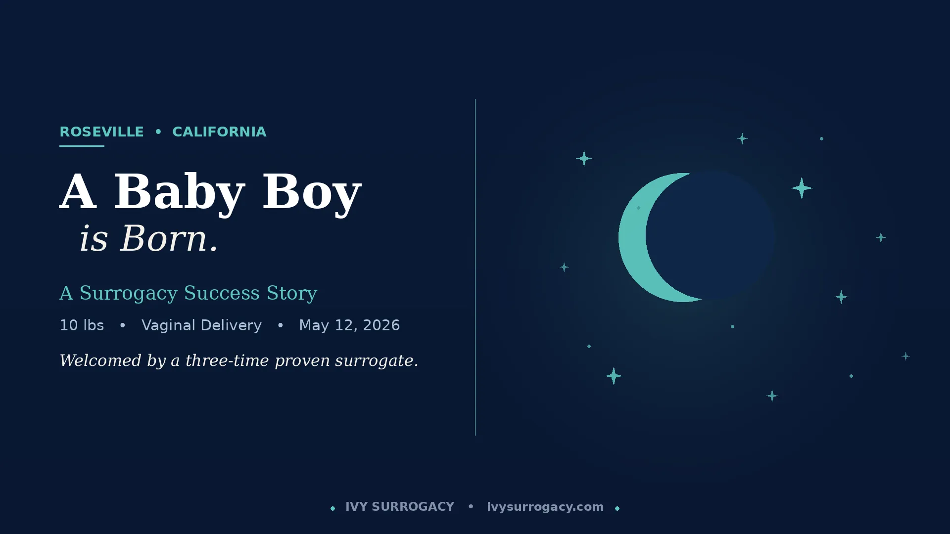 Birth announcement card for a baby boy born in Roseville, California on May 12, 2026, featuring a deep navy background with a teal crescent moon and stars motif, marking a successful surrogacy journey with Ivy Surrogacy.