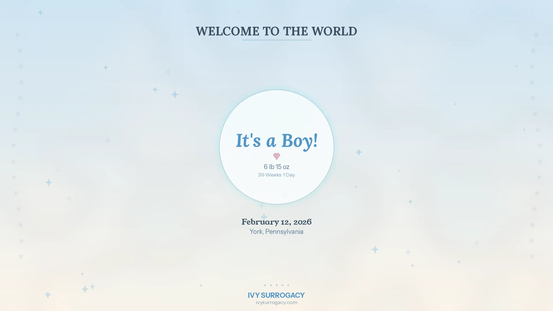 Baby boy born via surrogacy on February 12, 2026, in York, Pennsylvania — 6 lb 15 oz, 39 weeks 1 day, welcomed by Ivy Surrogacy