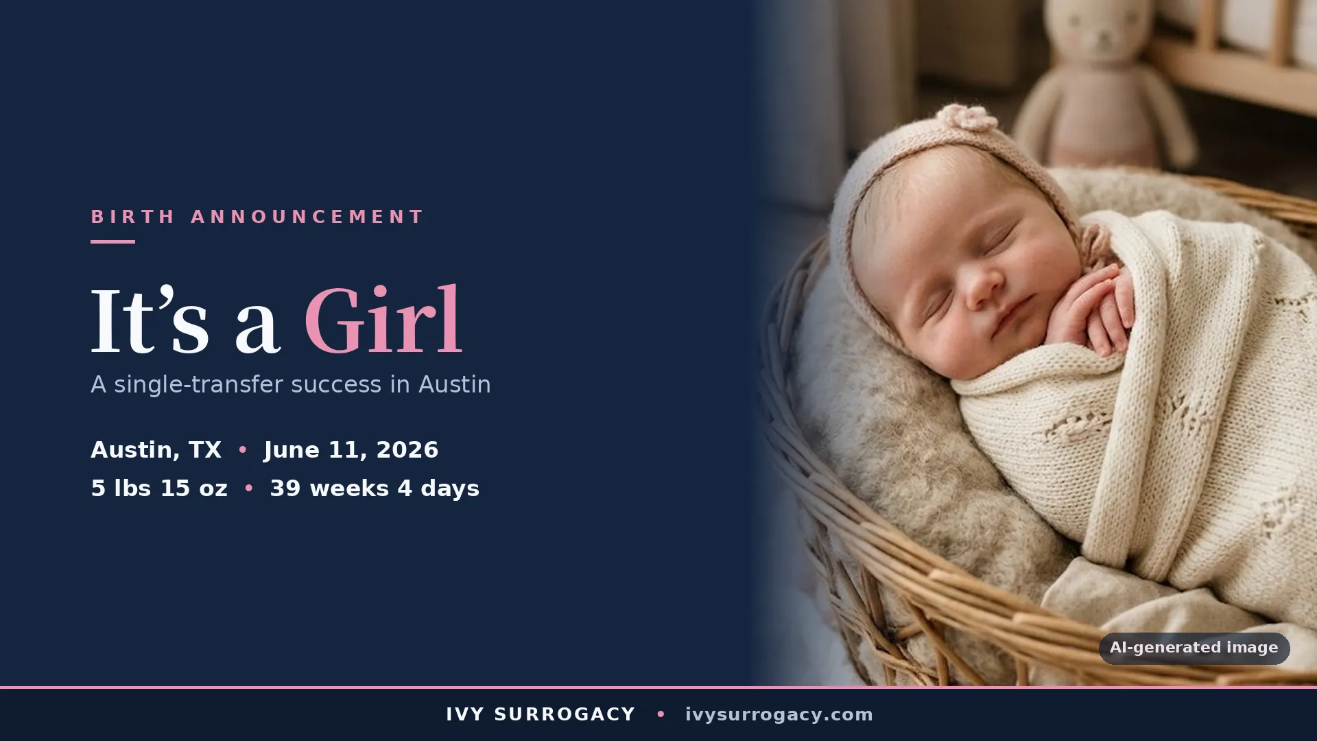 Ivy Surrogacy birth announcement featuring a baby girl born in Austin, Texas.