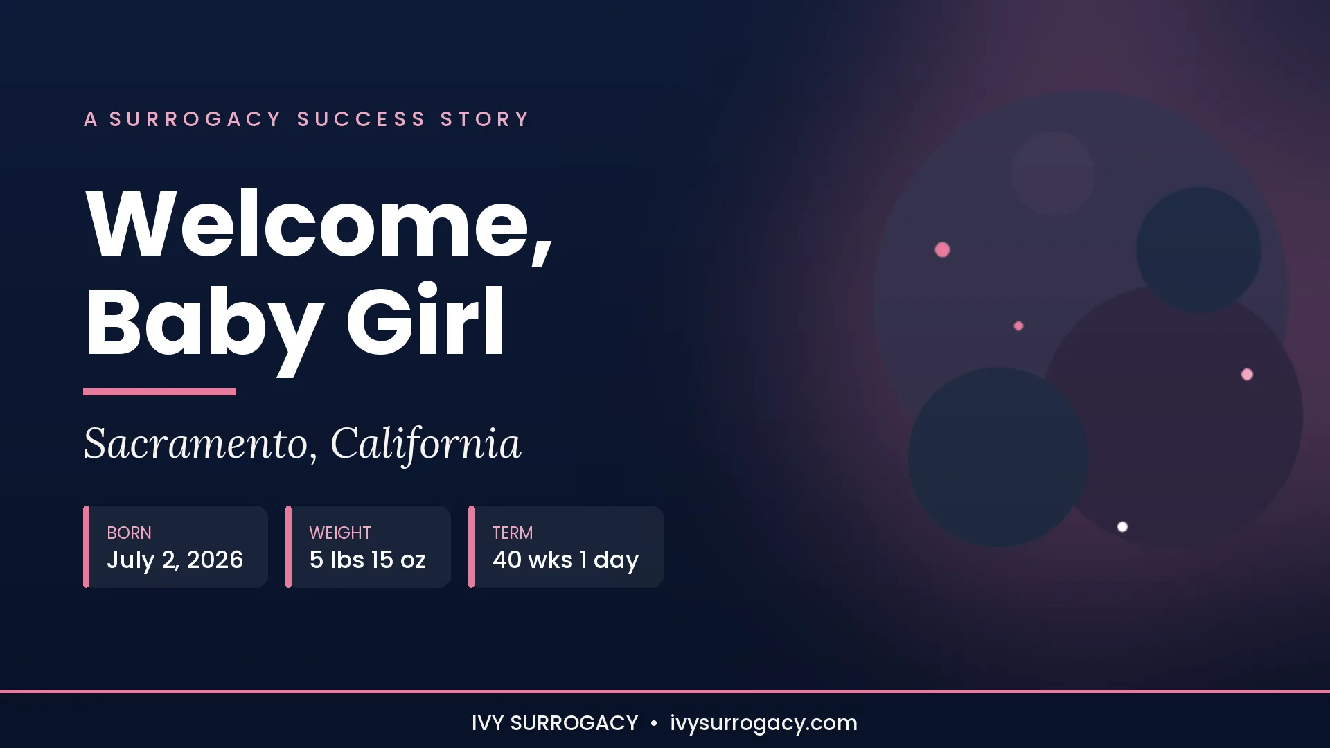 Ivy Surrogacy birth announcement graphic on deep navy with pink accents — "Welcome, Baby Girl," Sacramento, California, born July 2, 2026, 5 lbs 15 oz, 40 weeks 1 day.