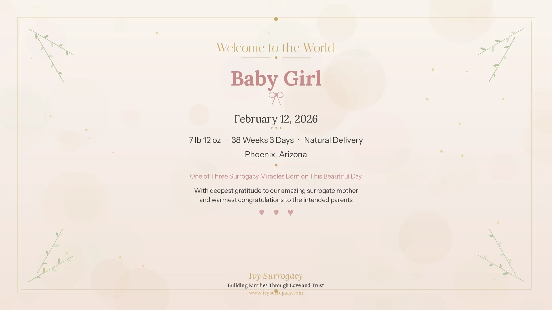 Baby girl born via surrogacy in Phoenix, Arizona on February 12, 2026 – 7 lb 12 oz, 38 weeks 3 days, vaginal delivery. One of three surrogacy babies born on this special day. Ivy Surrogacy birth announcement.
