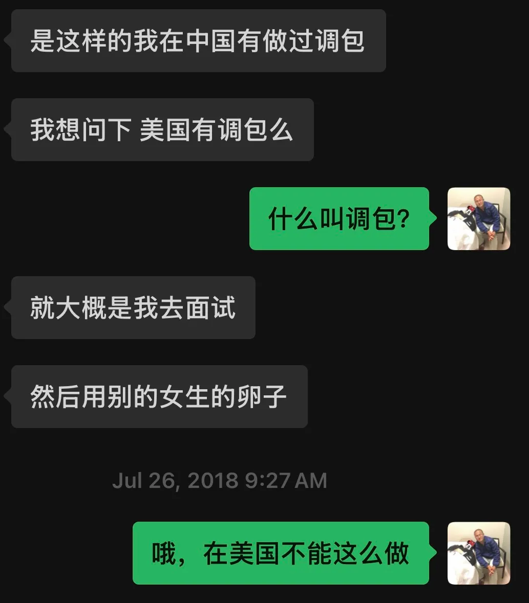 Screenshot of a WeChat conversation in Chinese between the author and a young woman discussing egg donor substitution practices.