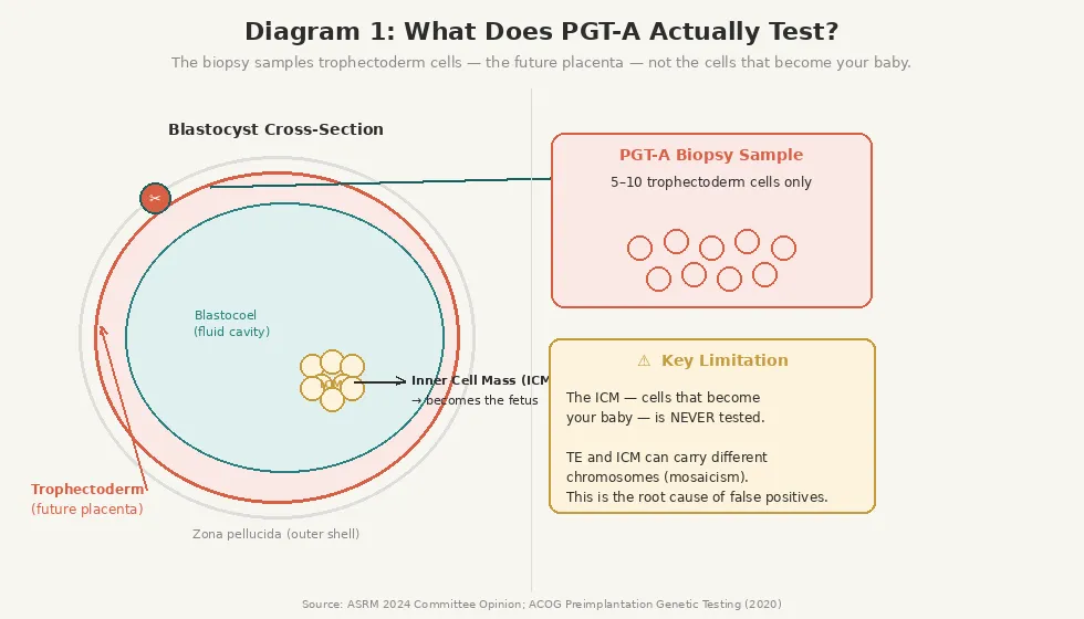 Blastocyst cross-section diagram showing PGT-A trophectoderm biopsy sampling. The illustration labels the trophectoderm (future placenta) in coral/red, the blastocoel fluid cavity in teal, and the inner cell mass (ICM, future fetus) in gold. An arrow shows 5–10 trophectoderm cells being extracted for the PGT-A biopsy sample, with a callout box highlighting the key limitation: the ICM is never tested, and TE and ICM can carry different chromosomes due to mosaicism.