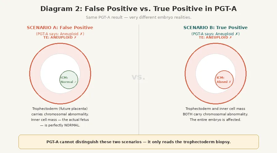 Side-by-side comparison of two PGT-A "aneuploid" results with opposite embryo realities. Scenario A (false positive): trophectoderm is aneuploid but inner cell mass is chromosomally normal — the embryo is incorrectly flagged, and the resulting baby would have been healthy. Scenario B (true positive): both trophectoderm and inner cell mass are aneuploid — the embryo is correctly identified as abnormal. A caption at the bottom states that PGT-A cannot distinguish between these two scenarios because it only reads the trophectoderm biopsy.