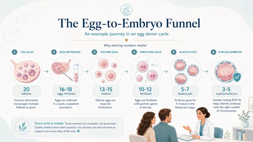 Egg-to-embryo funnel infographic showing the typical steps in an egg donor IVF cycle, from follicles and eggs retrieved to mature eggs, fertilized eggs, blastocysts, and euploid embryos.