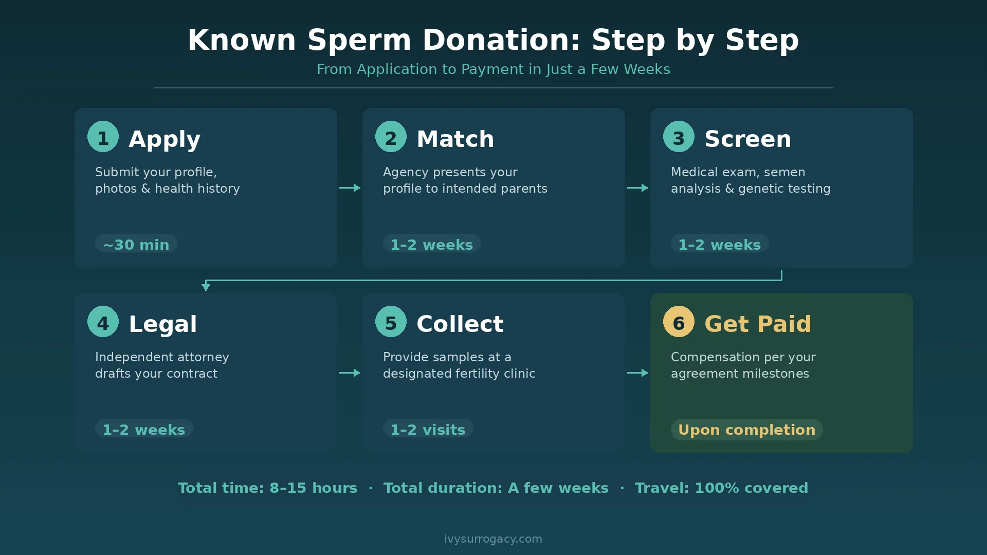 Six-step known sperm donation process: apply (~30 min), match (1–2 weeks), screen (1–2 weeks), legal (1–2 weeks), collect (1–2 visits), get paid (upon completion). Total time: 8–15 hours over a few weeks with all travel covered.