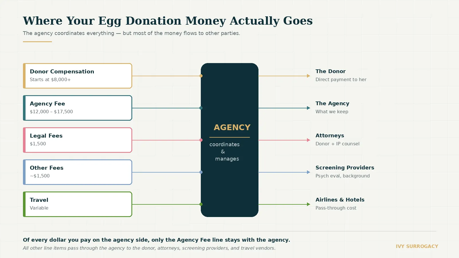 The agency coordinates everything, but only the Agency Fee line stays with the agency.