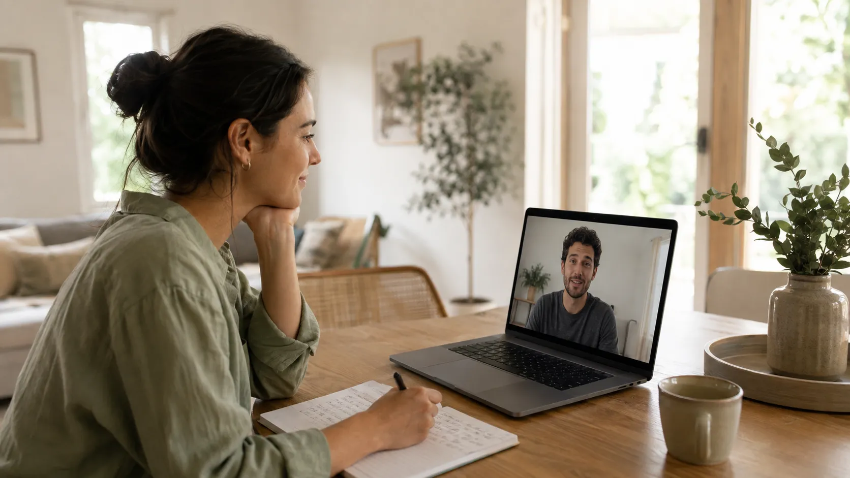 A woman speaks with a prospective known sperm donor during a video call.