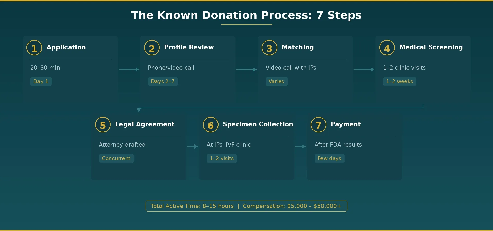 Visual timeline of the 7-step known sperm donation process: Application (Day 1), Profile Review (Days 2-7), Matching (varies), Medical Screening (1-2 weeks), Legal Agreement (concurrent), Specimen Collection (1-2 visits), Payment (after FDA results)