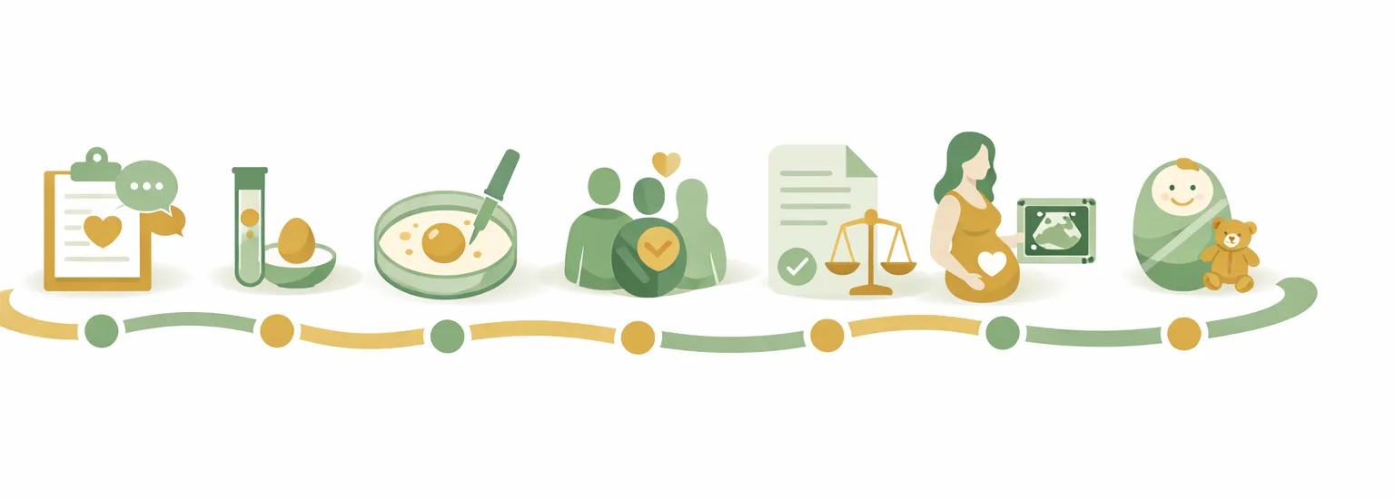 Minimalist infographic illustration of the surrogacy journey shown as a curved timeline with seven icons representing consultation, egg donation, IVF, matching, legal agreement, pregnancy, and baby, in sage green and gold tones on a white background.