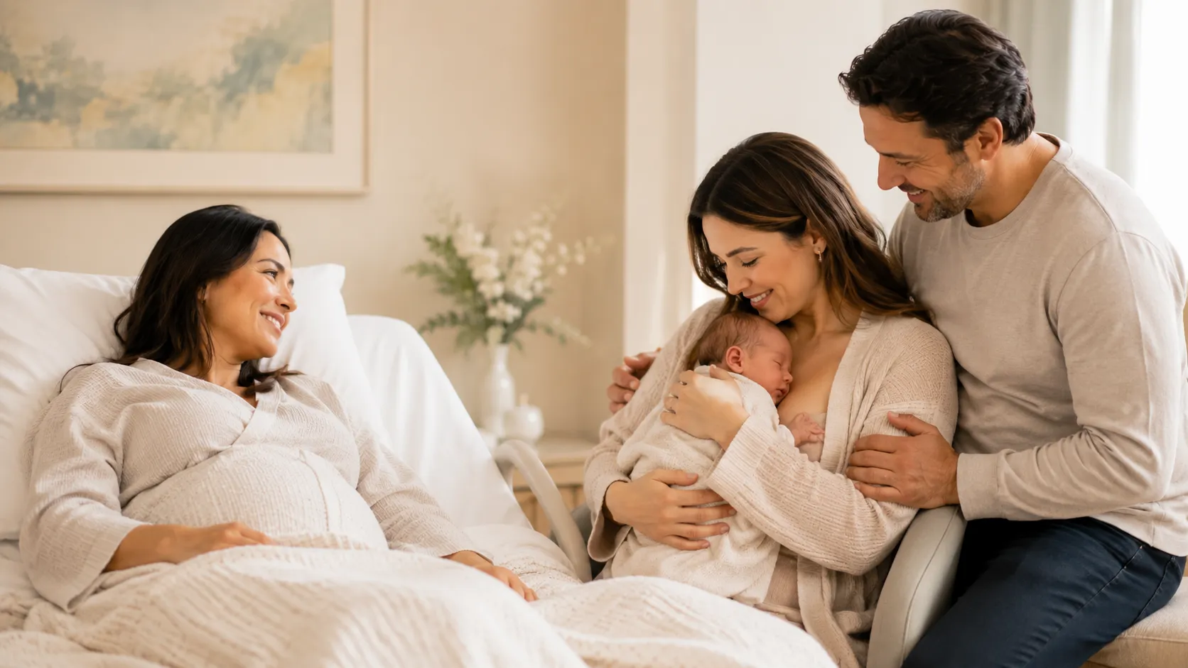 A gestational surrogate smiling from a hospital bed as the intended parents hold their newborn baby.