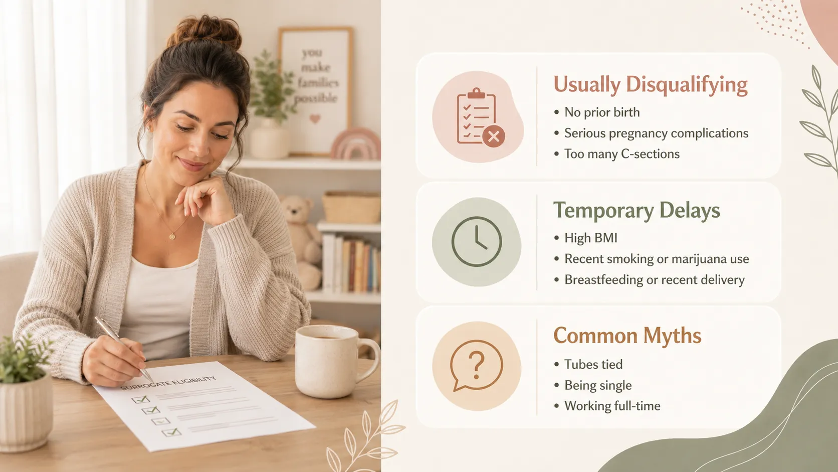 Woman reviewing a surrogate eligibility checklist beside an infographic explaining common disqualifiers, temporary delays, and myths about becoming a surrogate.