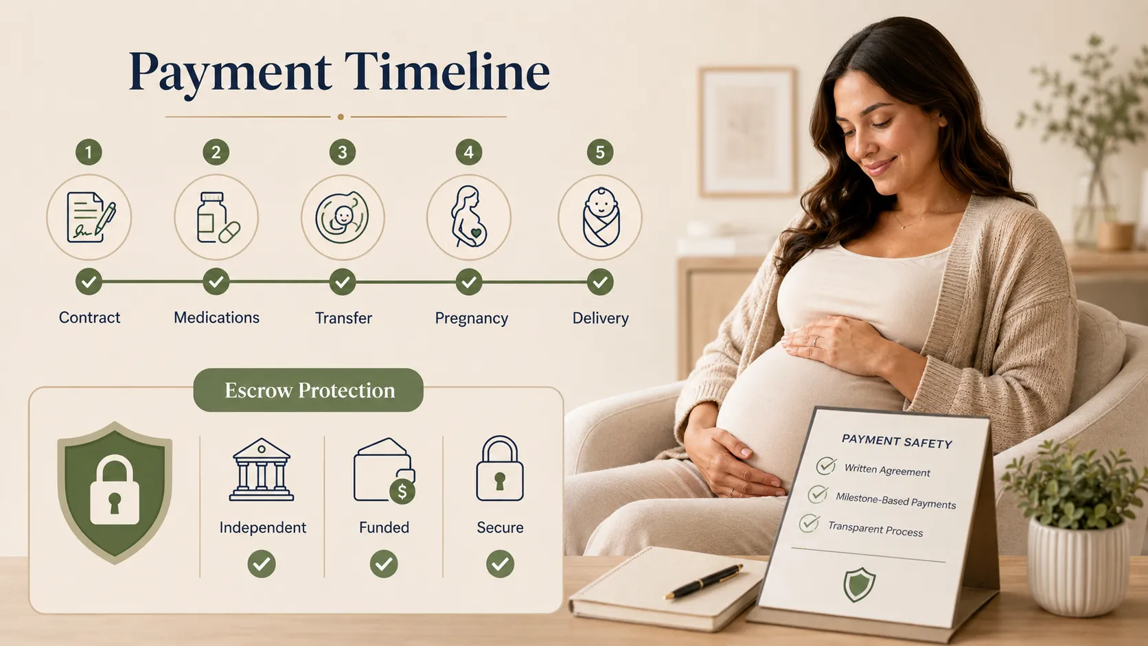 Surrogate payment timeline showing contract, medications, embryo transfer, pregnancy, delivery, and independent escrow protection.